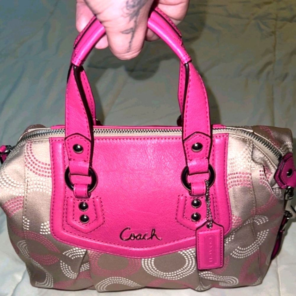 NWT Coach Ashley Pink And Khaki Dotted Canvas And Leather Satchel. PRICE FIRM - Picture 4 of 9